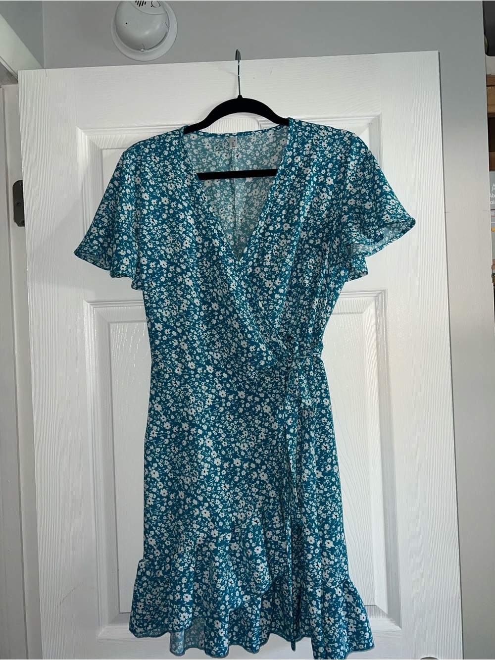 Floral Teal Wrap Mini Dress with Ruffle Hem - Women